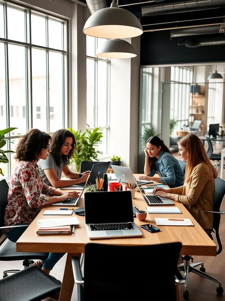 A diverse team collaborating on a project, showcasing creativity and innovation in a modern office setting.