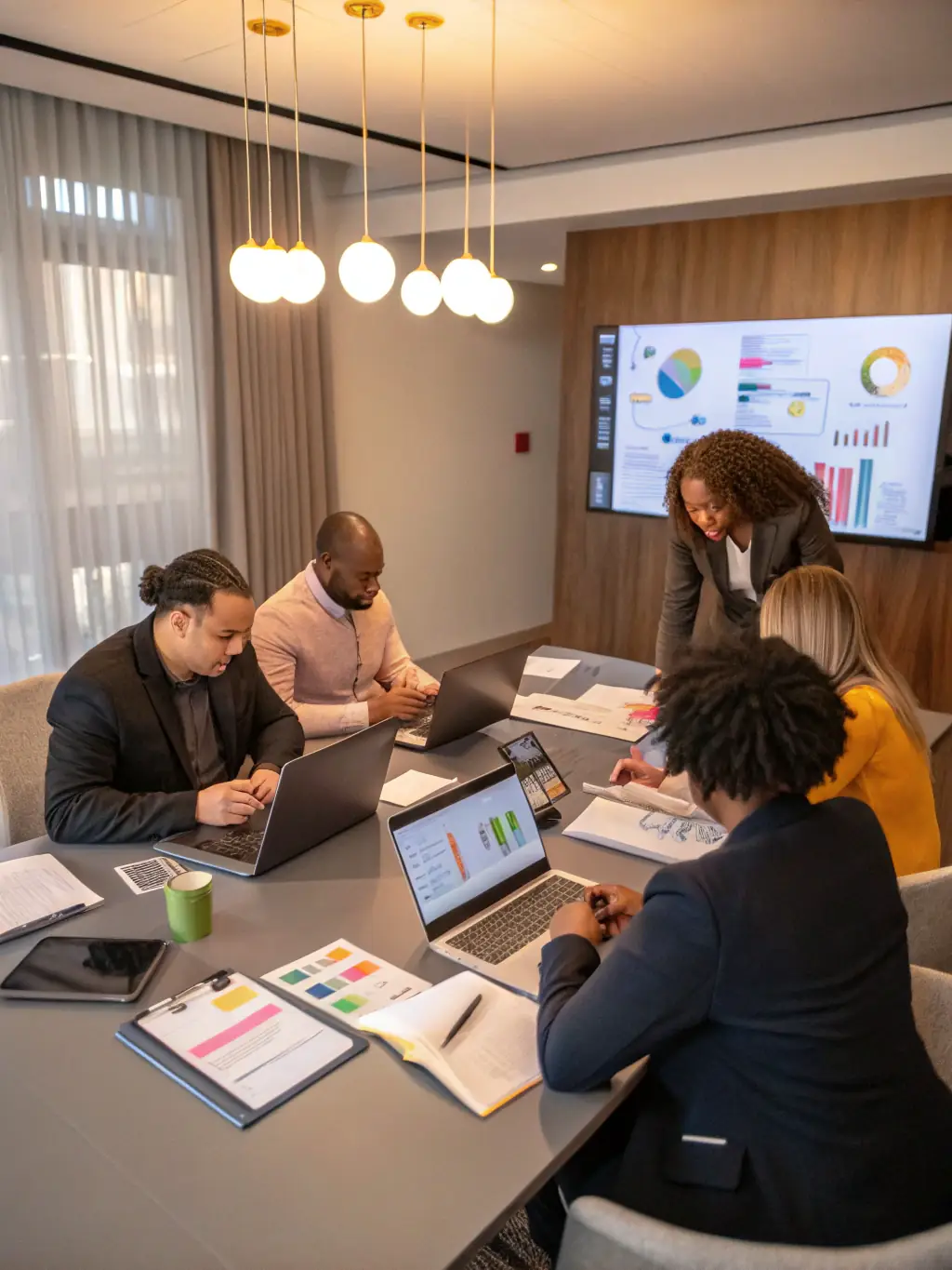 A diverse group of marketing professionals brainstorming ideas in a modern office setting, with sticky notes covering a whiteboard, representing the collaborative and innovative approach of 93 Octane.