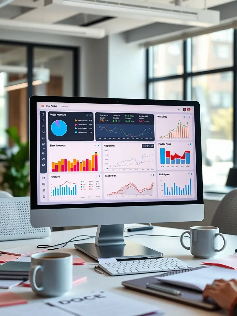 A digital marketing campaign dashboard displaying analytics and performance metrics, highlighting key performance indicators.