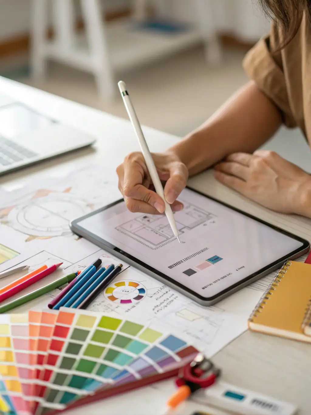 A close-up shot of a designer's hands sketching a logo concept on a tablet, surrounded by design tools and color swatches, representing the brand strategy service.
